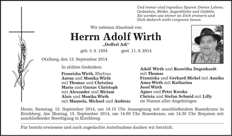 Traueranzeige Adolf Wirth