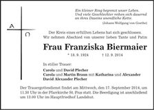 Traueranzeige Franziska Biermaier