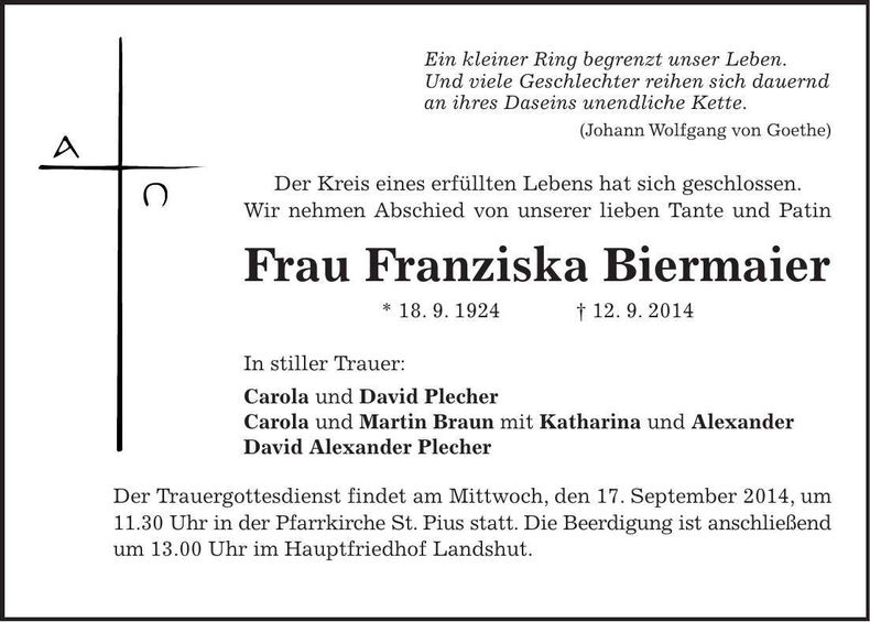 Traueranzeige Franziska Biermaier