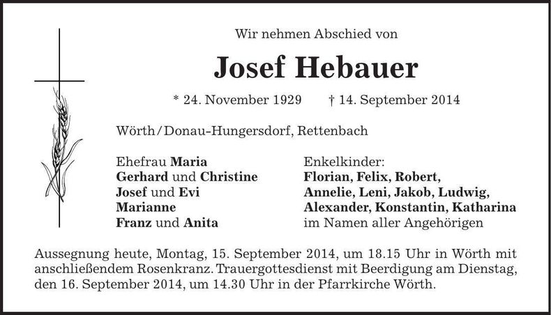 Traueranzeige Josef Hebauer