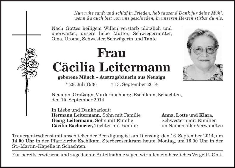 Traueranzeige Cäcilia Leitermann