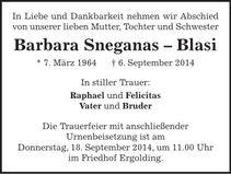 Traueranzeige Barbara Sneganas