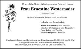 Traueranzeige Ernestine Westermaier