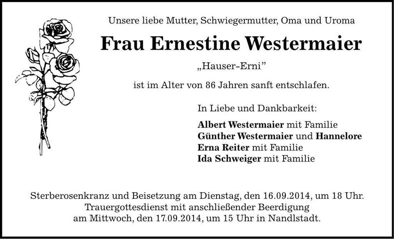 Traueranzeige Ernestine Westermaier