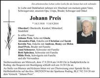 Traueranzeige Johann Preis