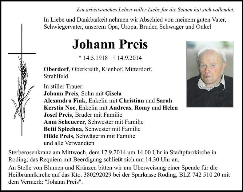 Traueranzeige Johann Preis