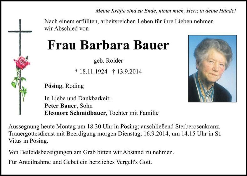 Traueranzeige Barbara Bauer