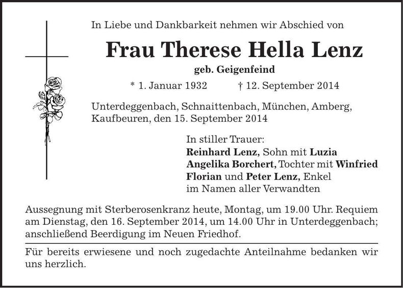 Traueranzeige Theresa Hella Lenz