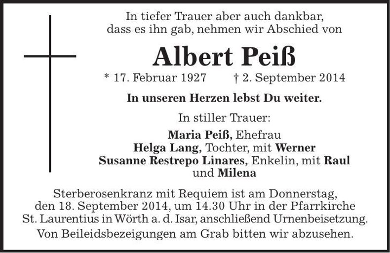 Traueranzeige Albert Peiß