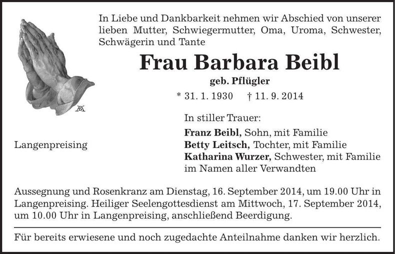 Traueranzeige Barbara Beibl