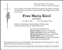Traueranzeige Maria Kiesl