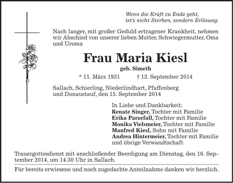 Traueranzeige Maria Kiesl
