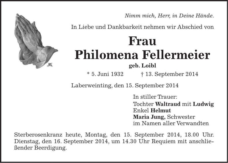 Traueranzeige Philomena Fellermeier