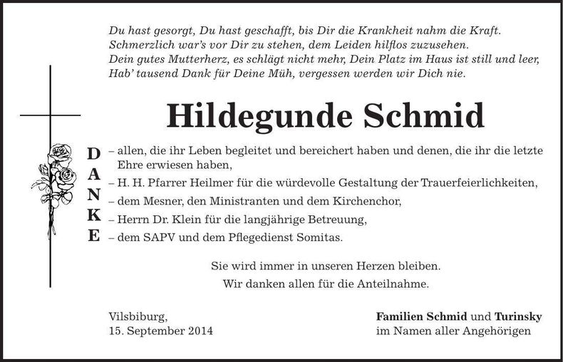 Traueranzeige Hildegunde Schmid