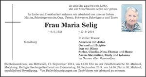 Traueranzeige Maria Selig