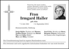 Traueranzeige Irmgard Haller