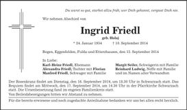 Traueranzeige Ingrid Friedl