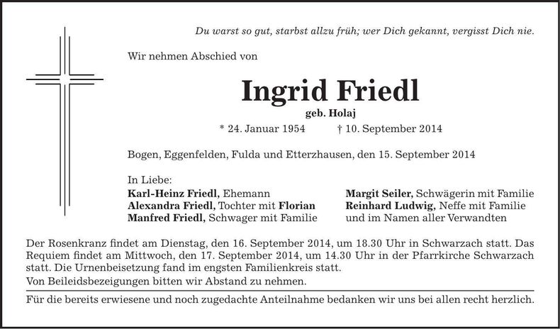 Traueranzeige Ingrid Friedl
