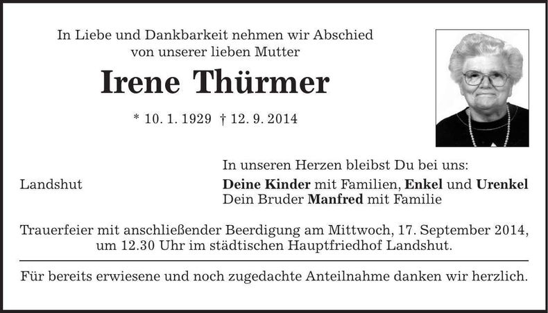 Traueranzeige Irene Thürmer