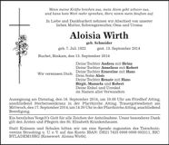 Traueranzeige Aloisia Wirth