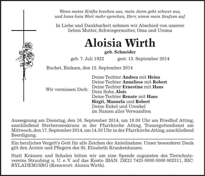 Traueranzeige Aloisia Wirth