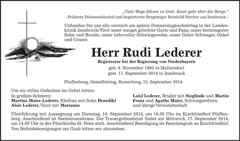 Traueranzeige Rudolf Lederer