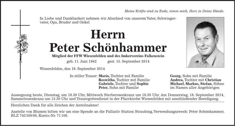 Traueranzeige Peter Schönhammer