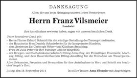 Traueranzeige Franz Vilsmeier