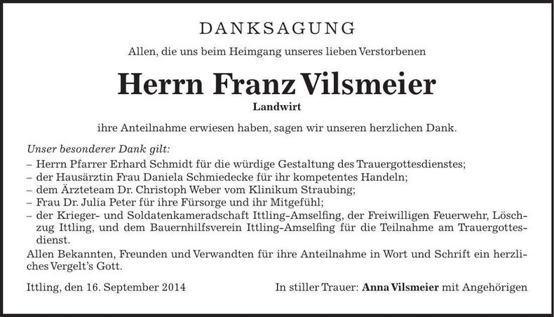 Traueranzeige Franz Vilsmeier