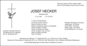 Traueranzeige Josef Hecker
