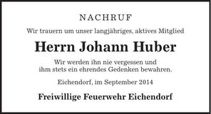 Traueranzeige Johann Huber