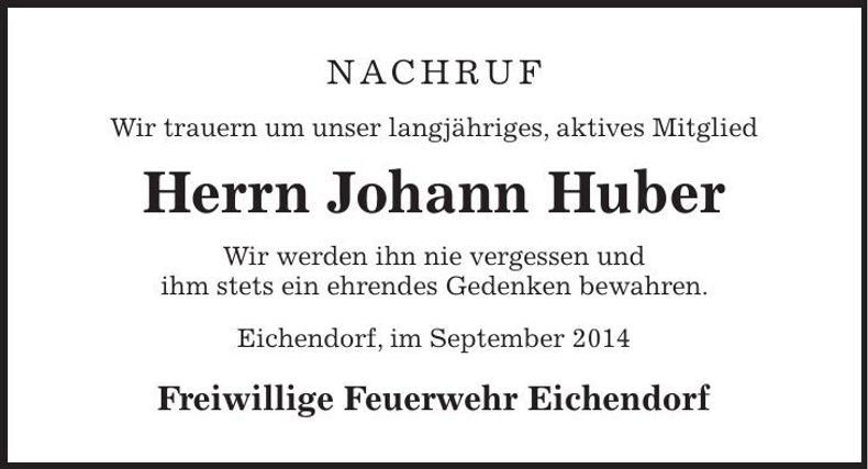 Traueranzeige Johann Huber