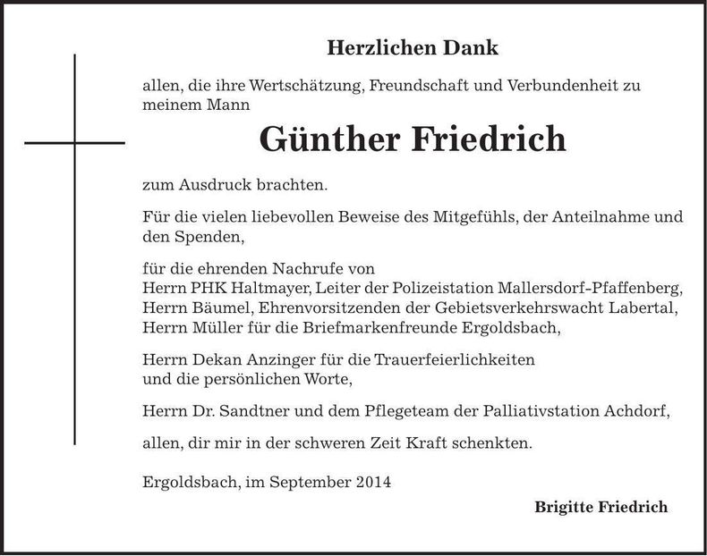 Traueranzeige Günther Friedrich