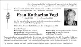 Traueranzeige Katharina Vogl