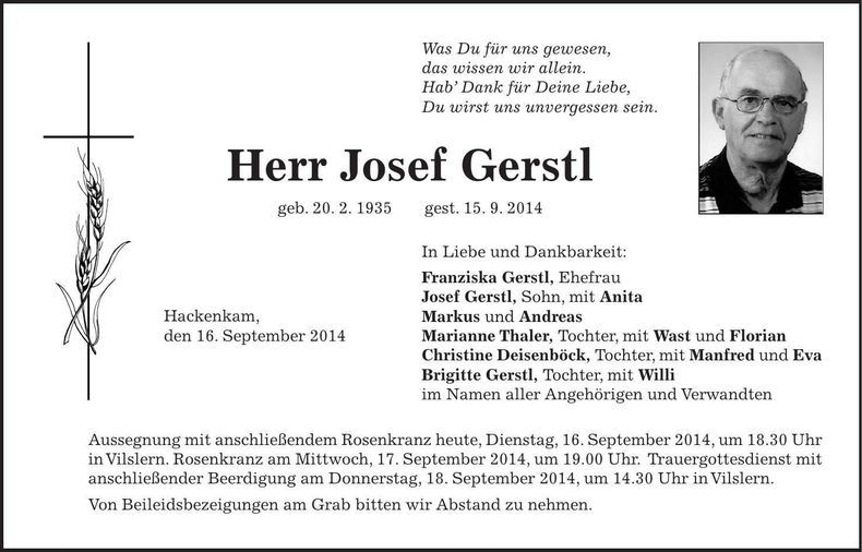 Traueranzeige Josef Gerstl