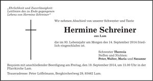 Traueranzeige Hermine Schreiner