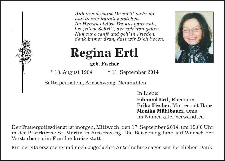 Traueranzeige Regina Ertl