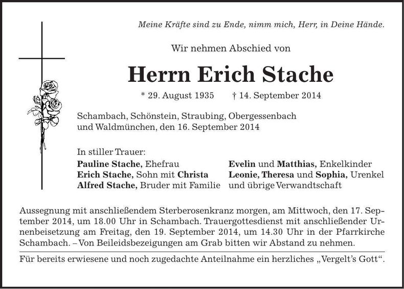 Traueranzeige Erich Stache