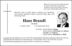 Traueranzeige Hans Brandl
