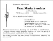 Traueranzeige Maria Sandner