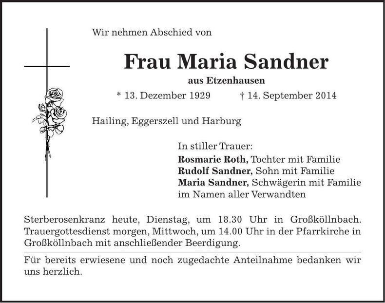 Traueranzeige Maria Sandner