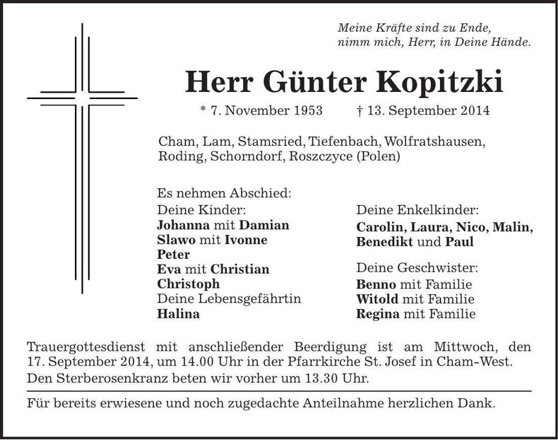 Traueranzeige Günter Kopitzki