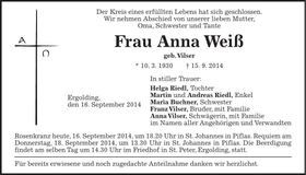 Traueranzeige Anna Weiß