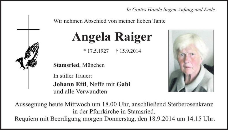 Traueranzeige Angela Raiger