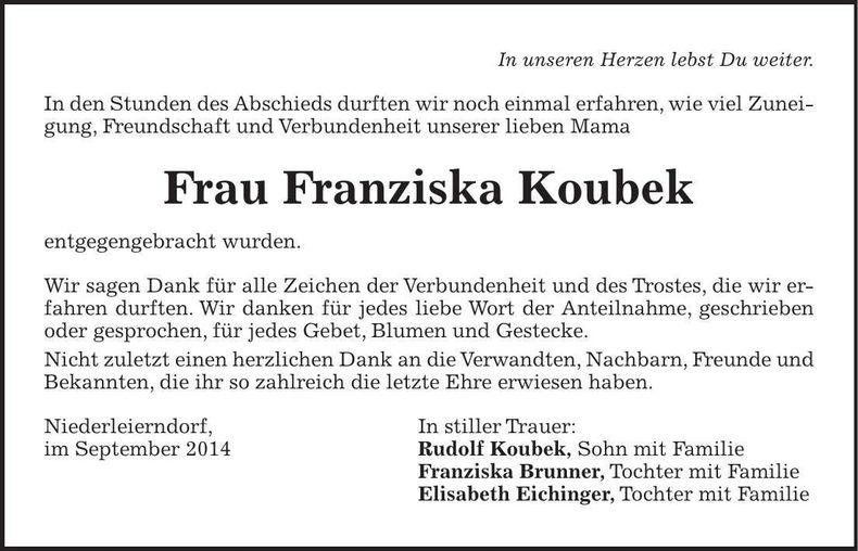 Traueranzeige Franziska Koubek