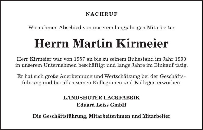 Traueranzeige Martin Kirmeier