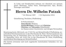 Traueranzeige Wilhelm Patzak