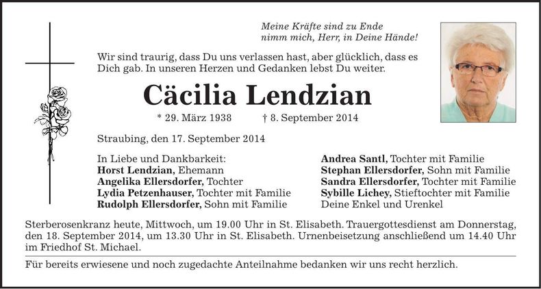 Traueranzeige Cäcilia Lendzian