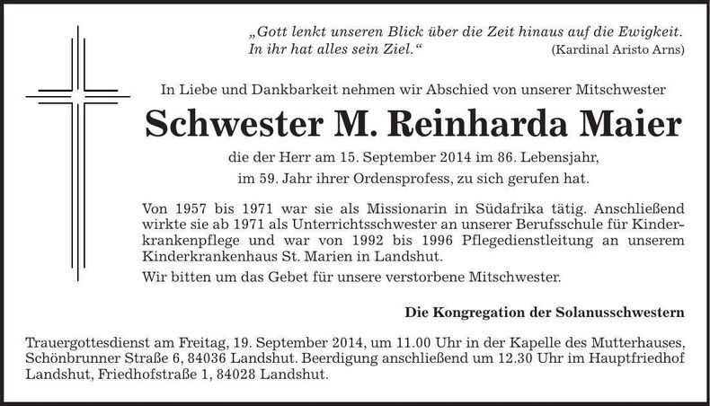Traueranzeige Reinharda Maier