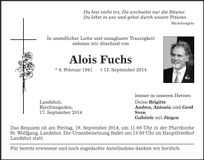Traueranzeige Alois Fuchs